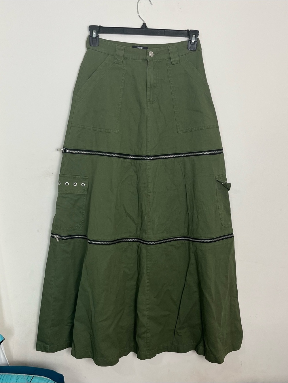 Social Collision Olive Green Utility Maxi Skirt with Zipper Panels